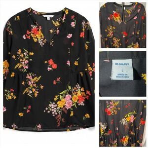 Old Navy Womens Large Black Floral V-Neck Cottagecore‎ Bohemian Blouse Top